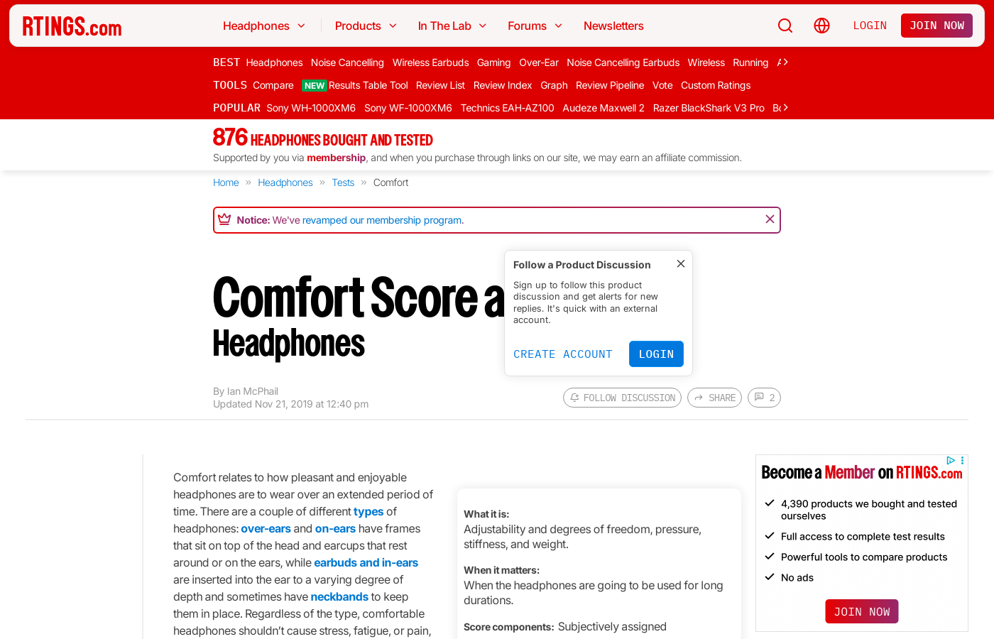 Comfort Score and Tests: Headphones