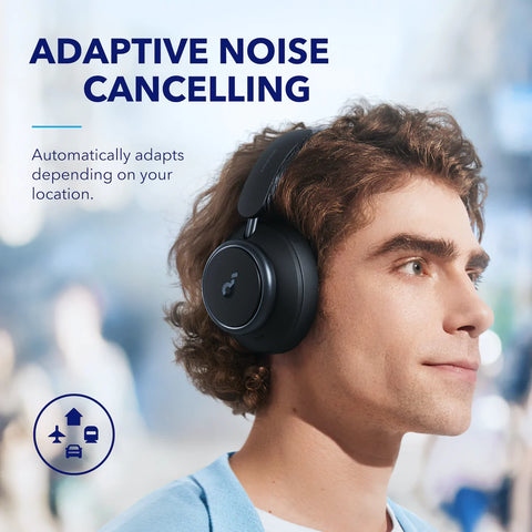 soundcore headphones with adaptive noise cancelling for location-based adjustment