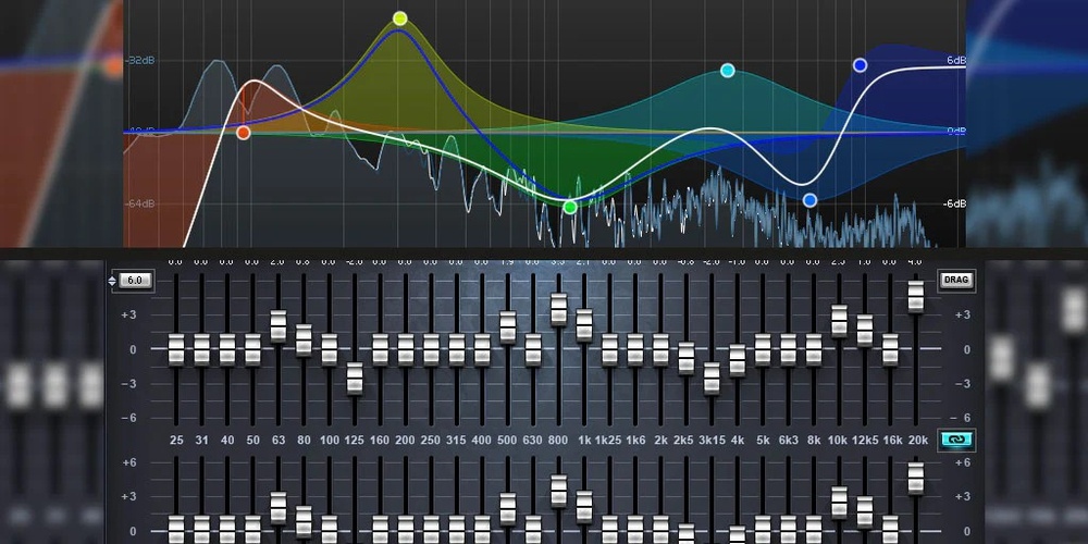 A parametric EQ (above) allows you to define frequency and bandwidth of a filter yourself. A graphic EQ (below) has fixed frequencies and bandwidths.