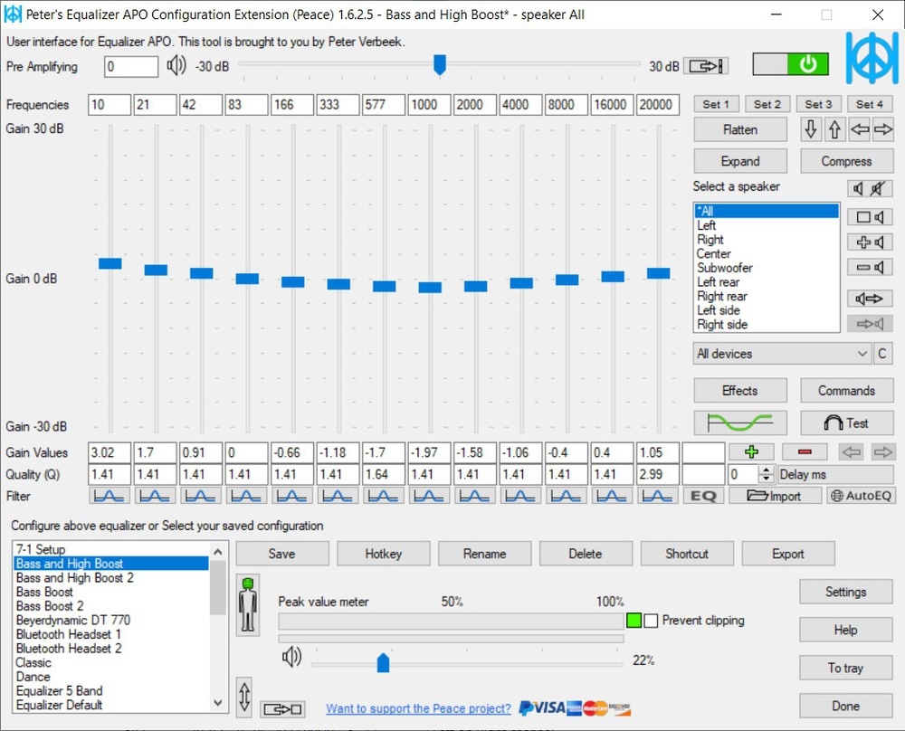 An image of Equalizer APO using the Peace GUI.